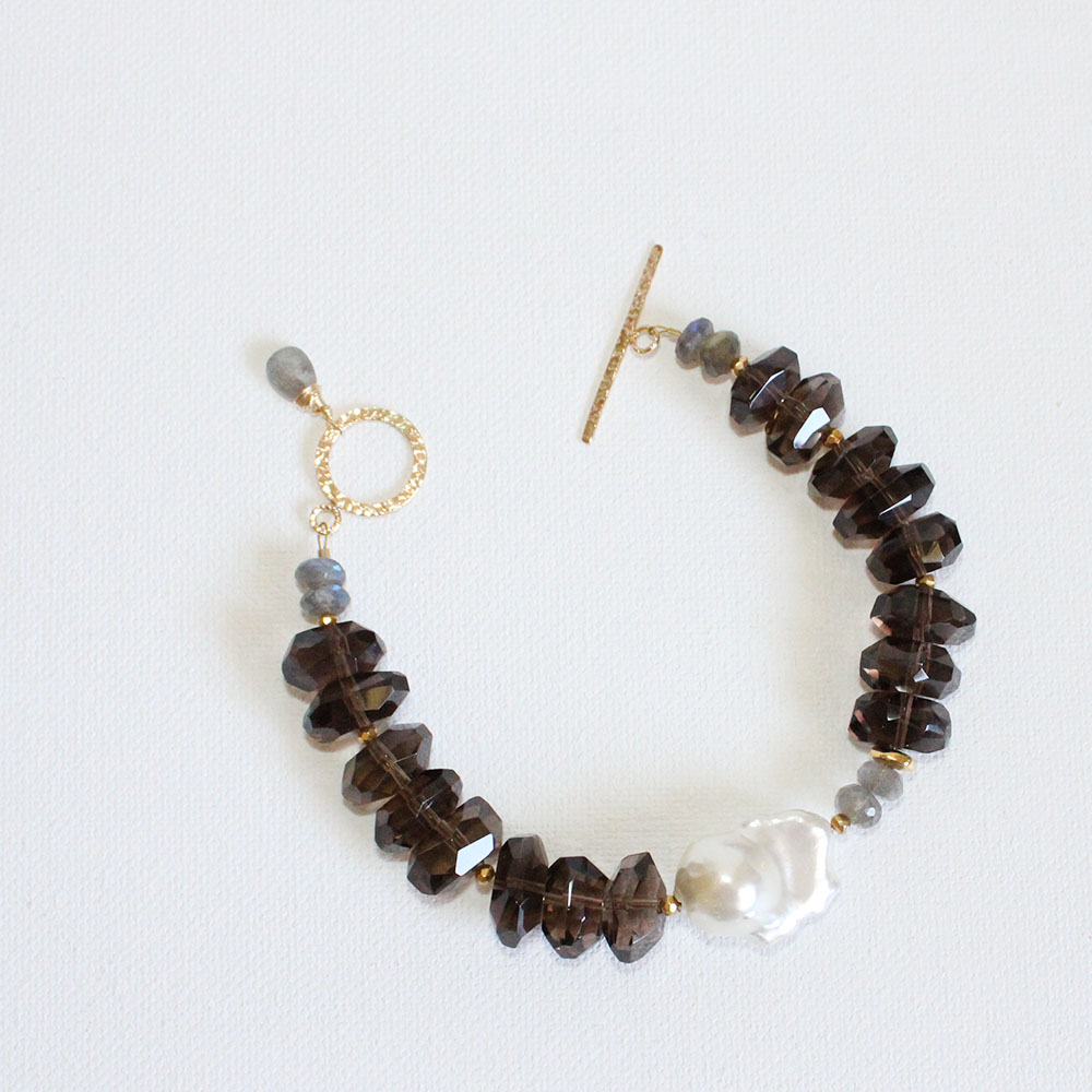 14K Smokey Quartz outlets & Pearl Beaded Necklace